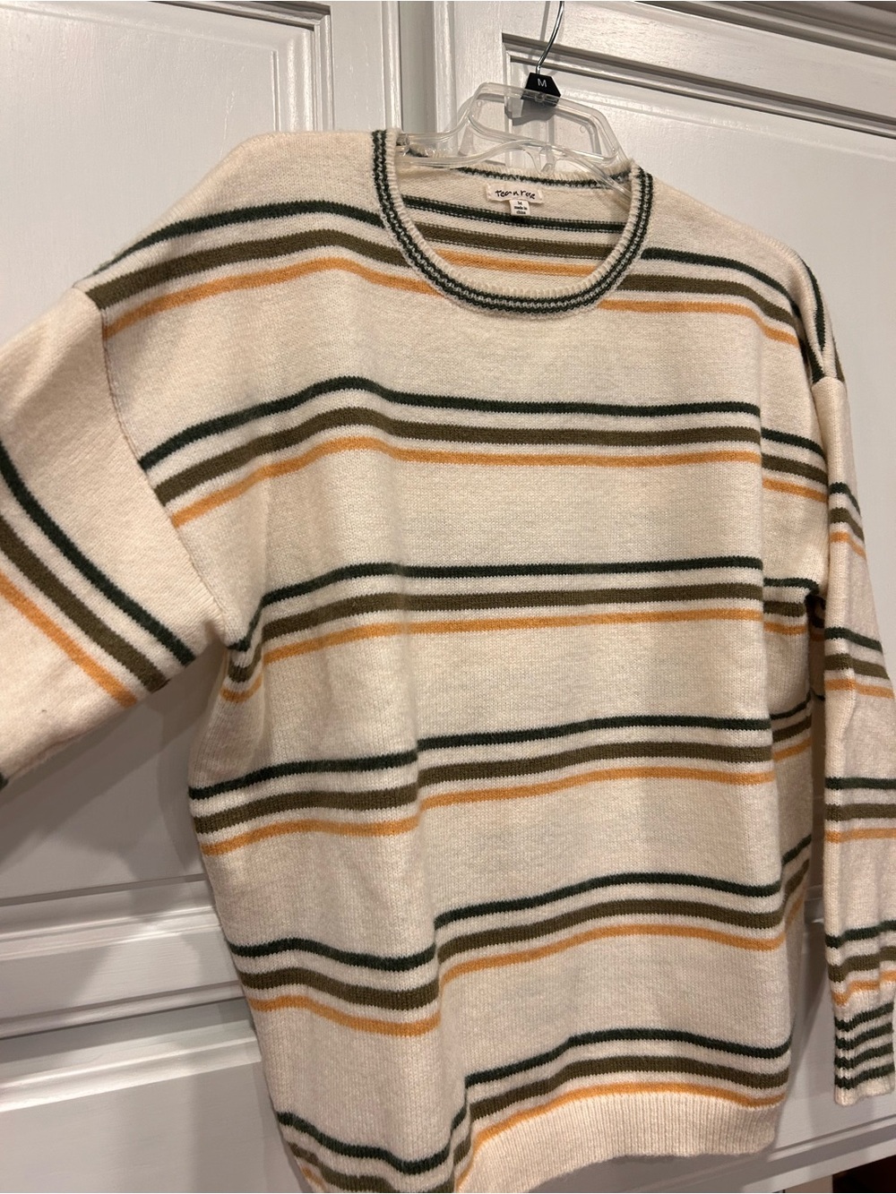 tea n rose Cream Crewneck Sweater with Green and Mustard Stripes